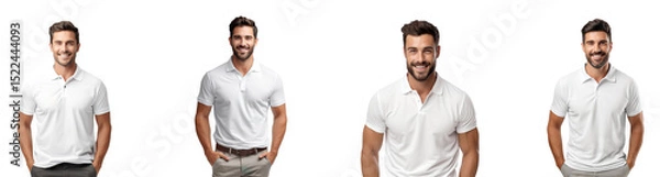 Fototapeta A collection of mockups of a man wearing a white polo shirt isolated on a transparent background