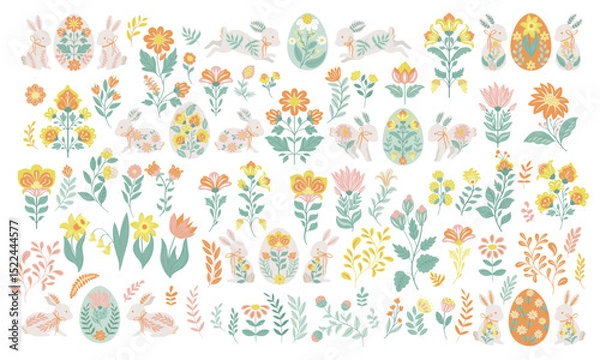 Obraz Vector set featuring bright abstract flowers and whimsical rabbits in folk art style, isolated on white background. Perfect for children’s design, Easter decor, prints, and creative craft projects.