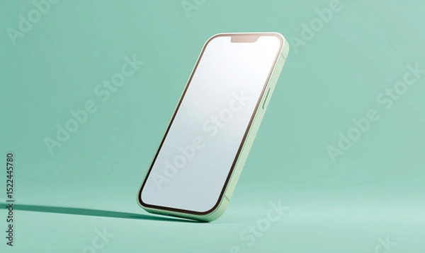 Fototapeta Modern smartphone featuring a blank white screen, a sleek gold trim, casting a shadow on a clean, minimalist green background.