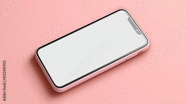 Fototapeta A close-up, top-down perspective showcases a sleek, modern phone resting elegantly on a soft pink backdrop.