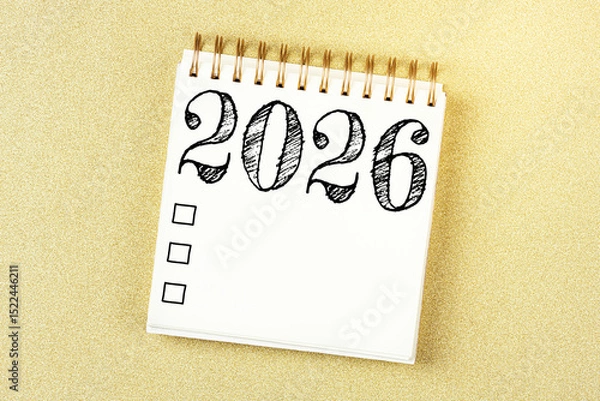 Fototapeta New year resolutions 2026 on desk. 2026 resolutions list with notebook, coffee cup on table. Goals, resolutions, plan, action, checklist concept. New Year 2026 template, copy space