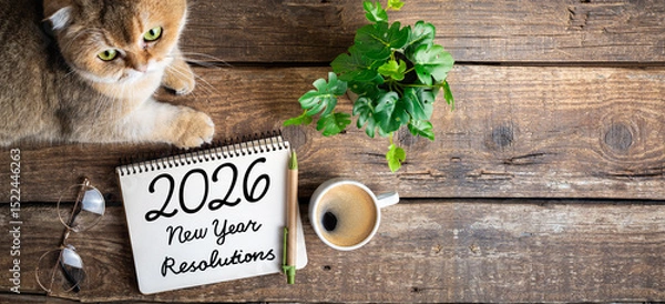 Fototapeta New year resolutions 2026 on desk. 2026 resolutions list with notebook, coffee cup, cute cat on table. Goals, resolutions, plan, cozy, hygge concept. New Year 2026 background, copy space