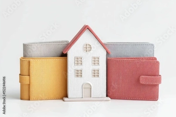 Fototapeta Metaphorical Representation of a Locked House Icon Surrounded by Colorful Wallets Symbolizing Financial Security and Protection