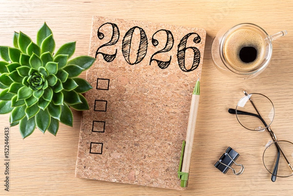 Fototapeta New year resolutions 2026 on desk. 2026 goals list with notebook, coffee cup, plant on wooden table. Resolutions, plan, goals, action, checklist, idea concept. New Year 2026 resolutions, copy space