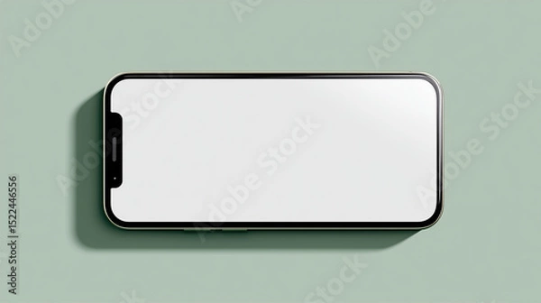 Fototapeta An empty modern smartphone with blank screen laid down with minimal shadow cast on a minimalist green background, perfect for application mockup and digital technology concept.