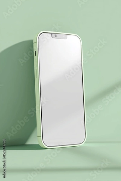 Fototapeta A modern sleek smartphone with a large display rests against a minimalist, pastel-colored surface, creating a sense of calm and modern style.
