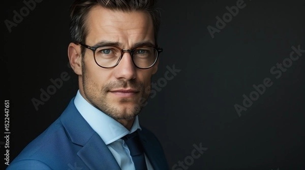 Fototapeta perfectly composed portrait of a businessman wearing glasses and a sleek sky blue suit