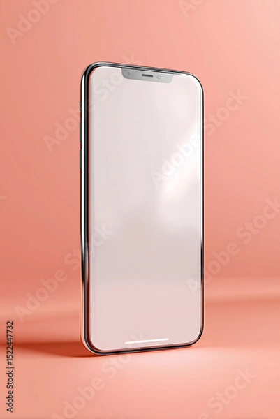 Fototapeta A sleek smartphone standing elegantly against a soft pink backdrop, its blank screen offers limitless possibilities for showcasing your content or app.