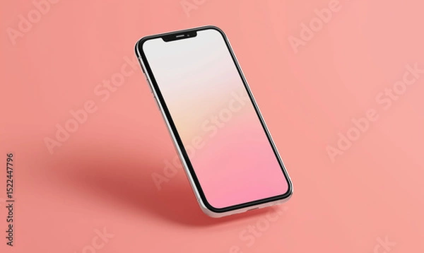 Fototapeta A minimalist capture showcases a sleek, modern smartphone suspended against a soft coral background, the screen glowing with a gradient of pastel hues.