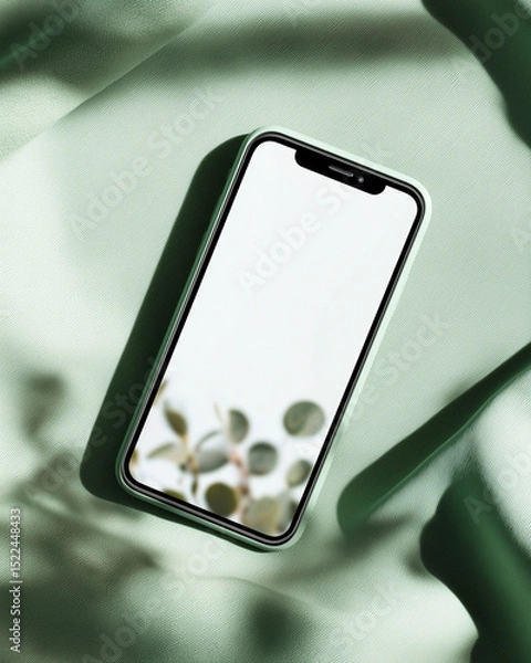 Fototapeta A modern smartphone with a clean white screen is artfully staged amidst verdant leaves and dappled shadows, creating a refreshing and organic composition.