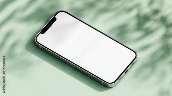 Obraz Sleek smartphone rests on a soft green surface, casting subtle shadows that add depth and elegance. It's a visual narrative of minimalism and modernity.