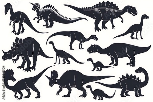 Fototapeta A collection of various dinosaur silhouettes isolated on white background, showcasing diverse species