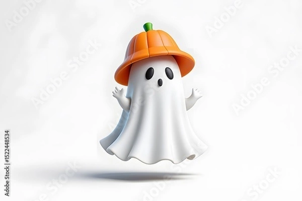 Obraz Cute halloween ghost wearing pumpkin hat floating on a bright white background