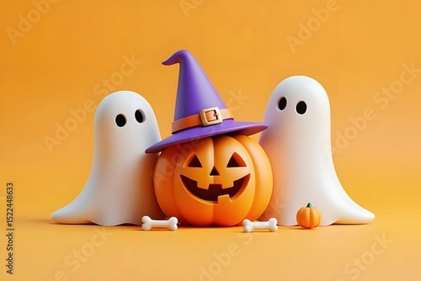 Obraz Cute halloween scene featuring a smiling jack o lantern ghosts and witch hat festive illustration