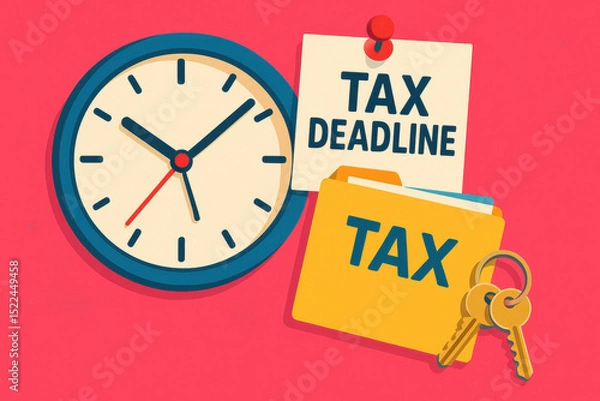 Fototapeta Tax deadline reminder with clock and property tax folder keys on red background for financial planning and timely payment