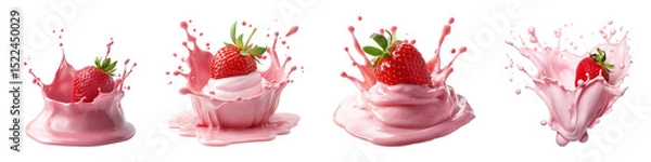 Fototapeta A collection of strawberry yogurt splashes isolated on a transparent background