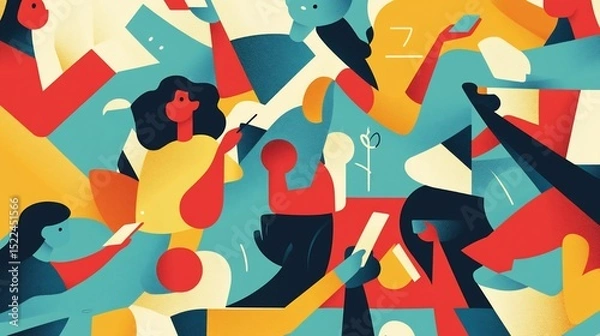 Fototapeta Abstract Illustration of People Connecting Through Technology in Vibrant Colors