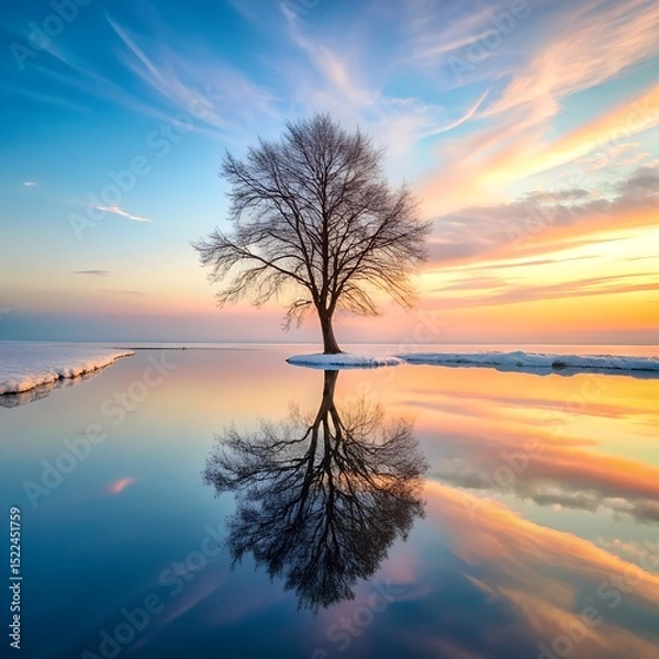 Fototapeta Lonely tree in snowfield under pastel gradient