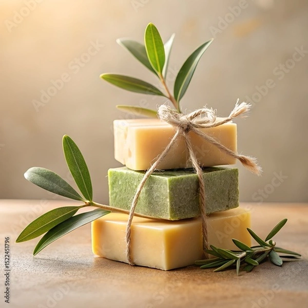 Fototapeta Stack of natural handmade soaps with olive branch