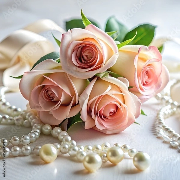 Fototapeta White pink rose petals on side view with ribbon tied 