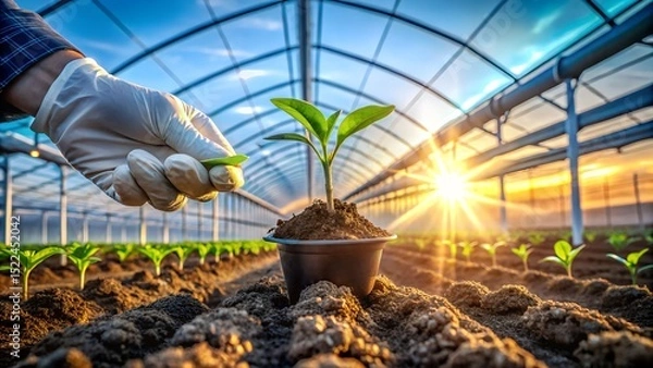 Fototapeta Close up of planting a seed in high tech