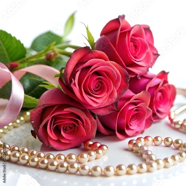 Fototapeta Rose petals on side view with ribbon tied