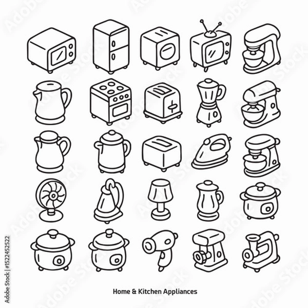 Obraz A minimal line icon set of household appliances. Includes microwave, fridge, oven, toaster, fan, vacuum, iron, and more. Perfect for UI, info graphics, or web design