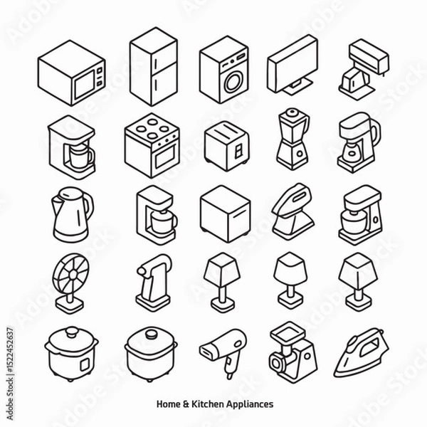 Obraz A minimal line icon set of household appliances. Includes microwave, fridge, oven, toaster, fan, vacuum, iron, and more. Perfect for UI, info graphics, or web design