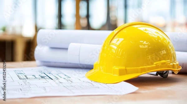 Fototapeta Yellow hard hat rests on top of architectural blueprints, symbolizing construction and safety in professional environment