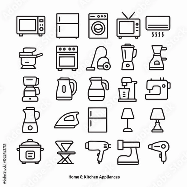 Obraz A minimal line icon set of household appliances. Includes microwave, fridge, oven, toaster, fan, vacuum, iron, and more. Perfect for UI, info graphics, or web design
