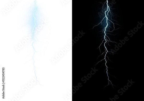 Obraz Dramatic lightning strike and thunder overlay with electric storm energy. Powerful weather effect ideal for dramatic nature scenes and designs. Isolated PNG background