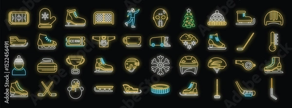 Fototapeta Neon icons representing various winter sports, including ice hockey equipment, ice skating, festive elements, and winter accessories, create a vibrant and glowing winter scene