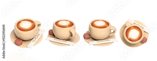 Fototapeta coffee cup with richness of the coffee foam with sugar packets and cookie 3d icon render illustration