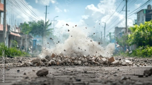 Obraz A pile of rubble is on the street, with a cloud of dust and debris