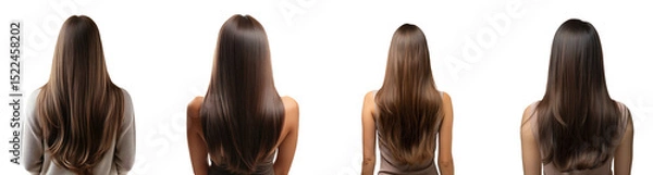 Fototapeta A collection of women with straight long brown hair, viewed from the back, isolated on a transparent background