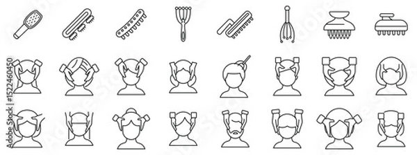 Fototapeta Head massage icons set. Hairdressers massaging clients' scalps, using brushes, combs, and other tools, promoting relaxation and hair health