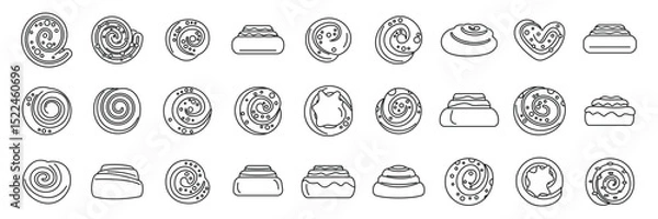 Fototapeta Cinnamon bun icons set. Cinnamon rolls are depicted in various shapes and presentations, showcasing swirls, icing, and different baking styles