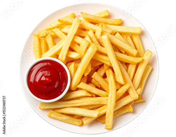 Fototapeta Top view of French fries with ketchup on plate – transparent background


