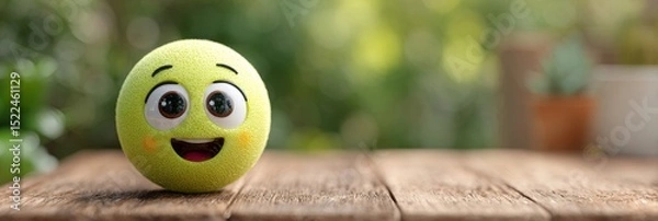 Fototapeta Joyful Emoji Mascot on Wooden Planks Cheerful and Smiling Character Representing Happiness and Fun