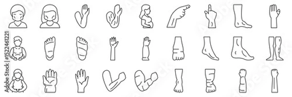 Fototapeta Edema icons set. Collection of simple black and white icons representing various human body parts, including arms, legs, hands, and feet, ideal for medical or anatomy projects
