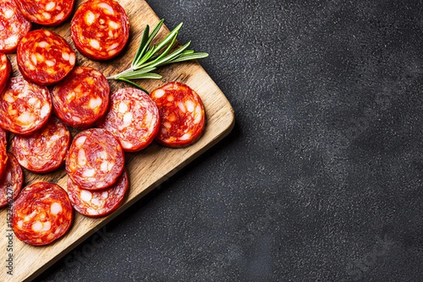 Fototapeta Fresh chorizo slices beautifully arranged on a wooden board with a sprig of rosemary garnish.