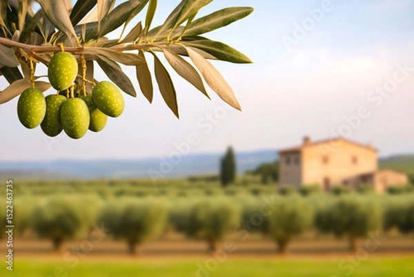 Fototapeta Green olives hanging from a branch in an olive grove with a Tuscan farmhouse in background.