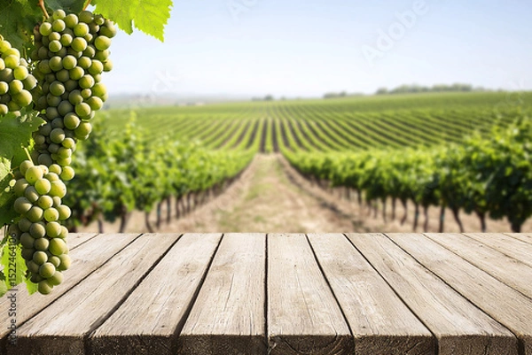 Fototapeta Wooden table with ripe green grapes hanging against vineyard rows in the background, sunny day.
