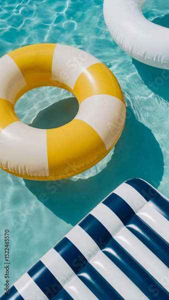Obraz inflatable rings and mattress in white, yellow and navy blue colors. Summer vacation, leisure time,  travel, tourism concept