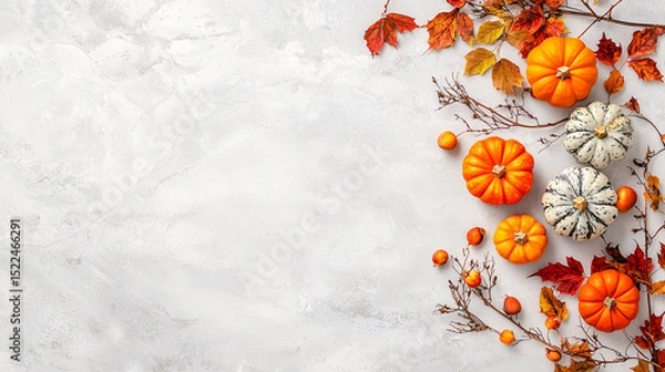 Fototapeta Festive autumn arrangement with small pumpkins, berries, and colorful leaves on textured background.