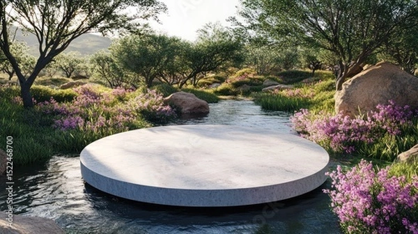 Fototapeta Round stone platform in a tranquil garden setting.