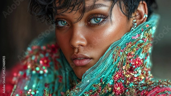 Obraz Close-Up of Woman with Embellished Aqua Collar