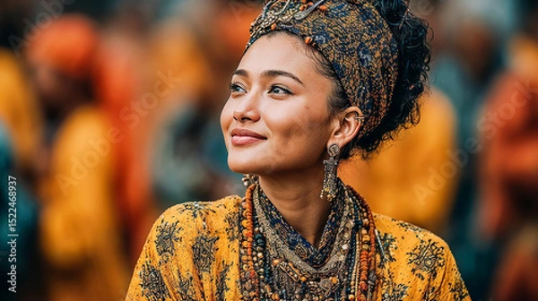 Obraz Smiling Woman in Yellow and Indigo Tribal Attire