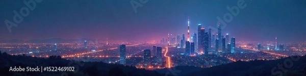 Obraz Futuristic cityscape at night, glowing energy towers reaching for the sky, representing sustainable and advanced power sources of tomorrow , renewable, urban