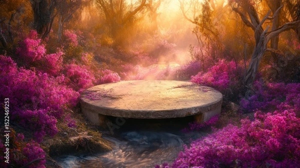 Fototapeta A circular concrete structure surrounded by vibrant pink flowers in a sunlit forest.